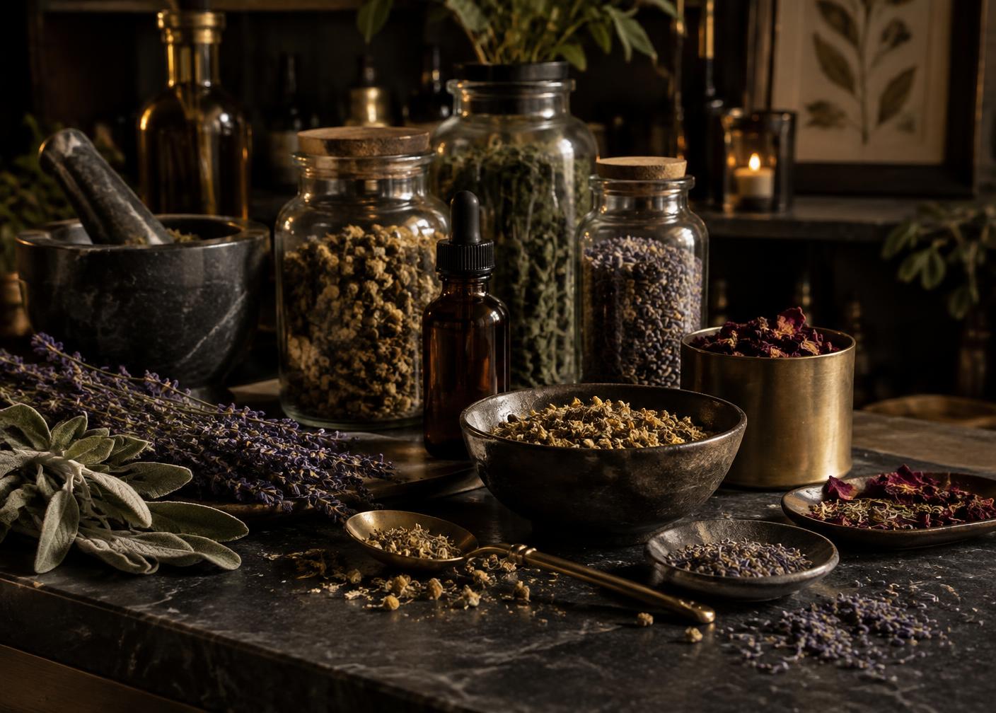 Apothecary jars of dried herbs, flowers and tinctures on a dark counter