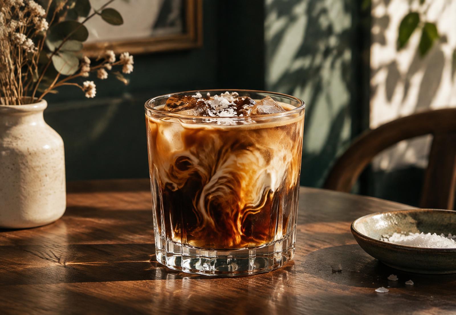 Iced espresso with maple and salt on a dark cafe table